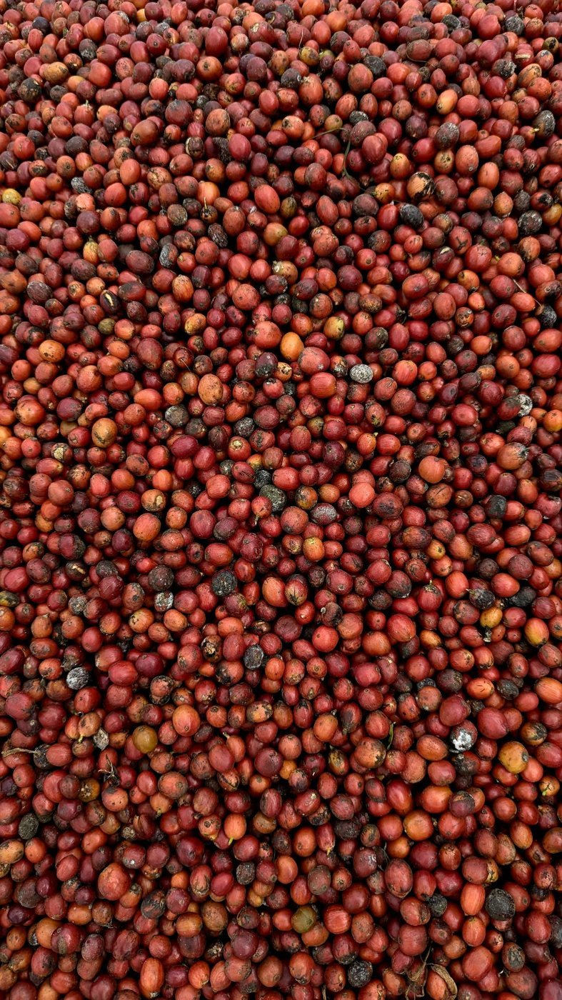Freshly harvested coffee cherries at the Nakar estate
